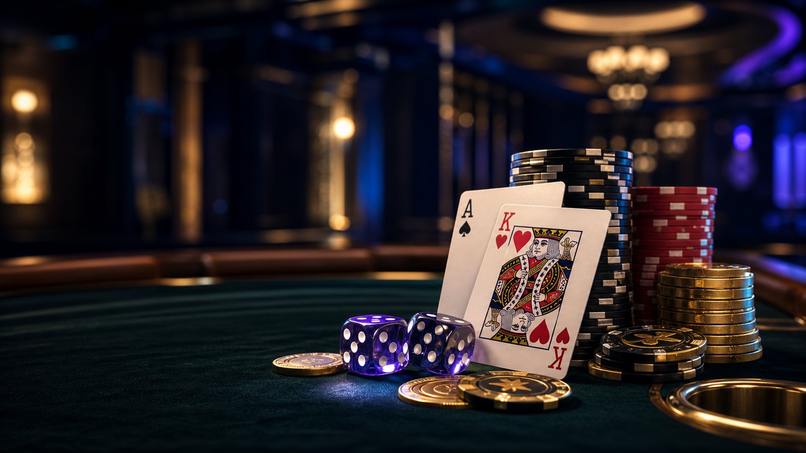 Premium casino table with playing cards, poker chips, dice, and gold gaming tokens