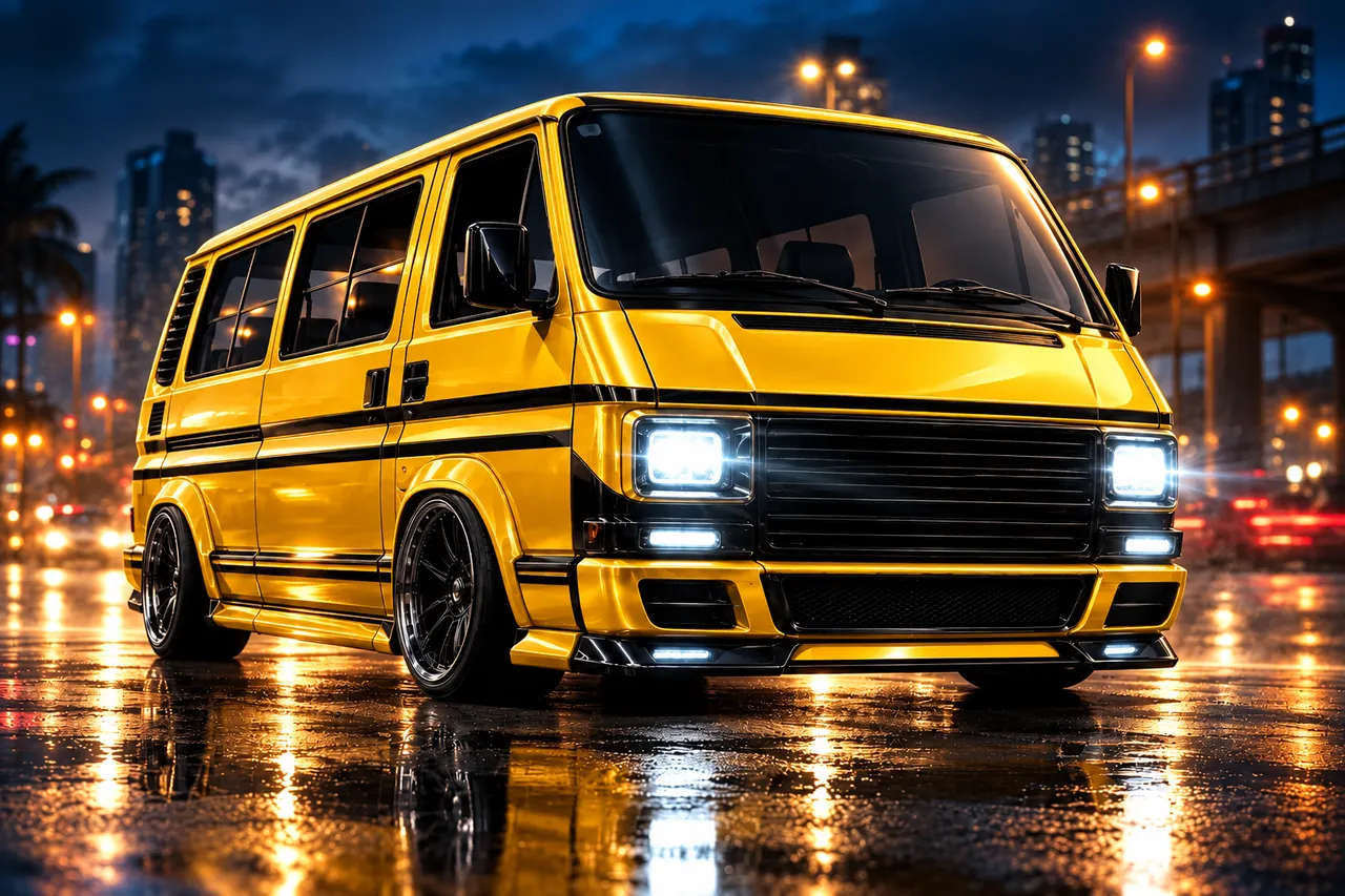 Yellow Lagos minibus on a reflective road at blue hour