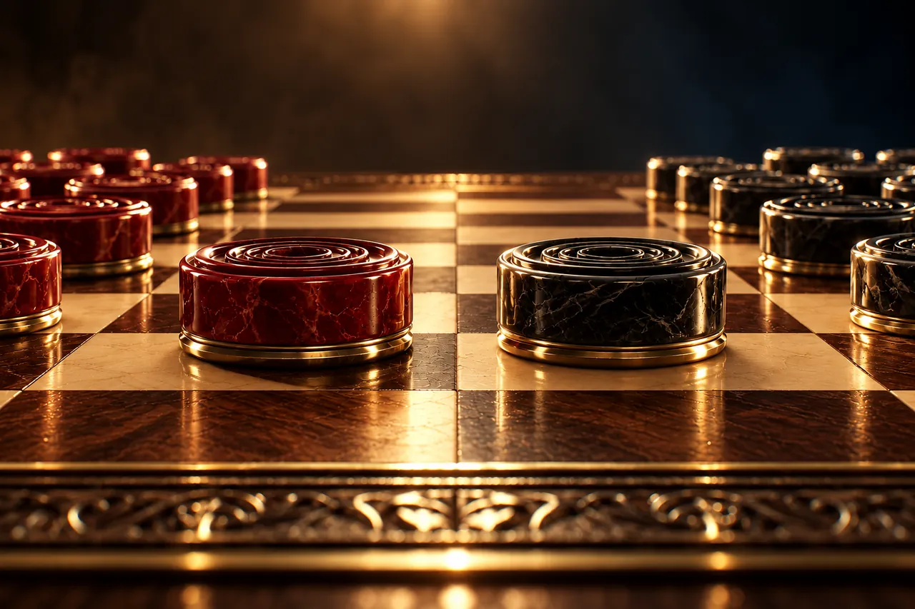 Crimson and ebony checker pieces face off on a wooden board