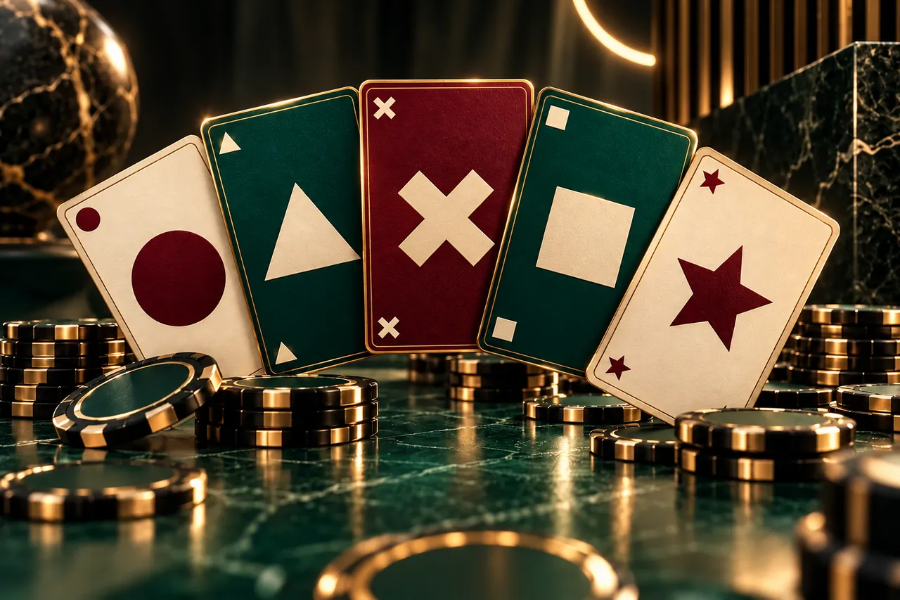 Burgundy, teal and ivory symbol cards on a gaming table